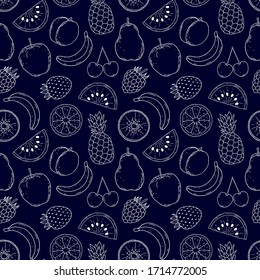 Seamless pattern with hand drawn fruits in doodle style on dark blue background
