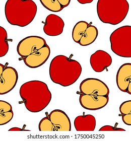 Nahtloses Muster mit handgezeichneten Früchteelementen Apfel. Vegetarische Tapete. Für Design-Verpackungen, Textilien, Hintergrund, Design-Postkarten und Poster.