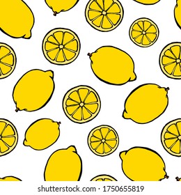 Patrón sin foco con elementos de frutos dibujados a mano limón. Papel de pared vegetariano. Para embalajes de diseño, textiles, fondo, postales de diseño y carteles.