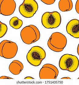 Patrón sin foco con elementos de frutos dibujados a mano durazna. Papel de pared vegetariano. Para embalajes de diseño, textiles, fondo, postales de diseño y carteles.