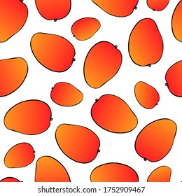 Seamless pattern with hand drawn fruits elements mango. Vegetarian wallpaper. For design packaging, textile, background, design postcards and posters.