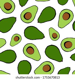 Seamless pattern with hand drawn fruits elements avocado. Vegetarian wallpaper. For design packaging, textile, background, design postcards and posters.