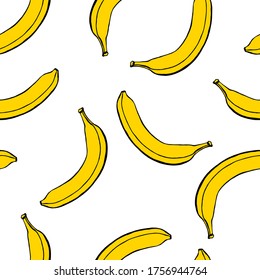 Seamless pattern with hand drawn fruits elements banana. Vegetarian wallpaper. For design packaging, textile, background, design postcards and posters.
