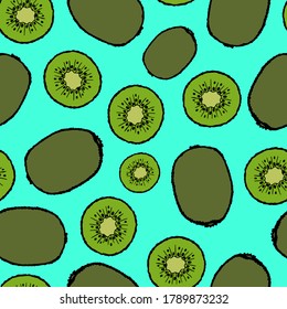 Patrón sin foco con frutos dibujados a mano elementos kiwi. Papel de pared vegetariano. Para embalajes de diseño, textiles, fondo, postales de diseño y carteles.