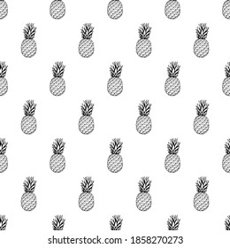 Seamless pattern with hand drawn fruits elements pineapple. Vegetarian wallpaper. For design packaging, textile, background, design postcards and posters.