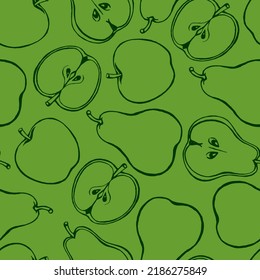 Patrón sin foco con frutos dibujados a mano elementos pera de manzana. Papel de pared vegetariano.