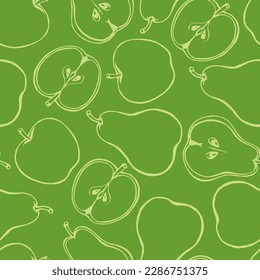 Seamless pattern with hand drawn fruits elements apple pear. Vegetarian wallpaper.