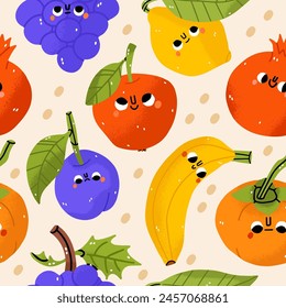 Seamless pattern with hand drawn fruits. Vegetarian healthy food vector texture. Vegan, farm, organic, detox. Colorful design for kids or kitchen textile, fabric, paper. Cute doodle style emoticon