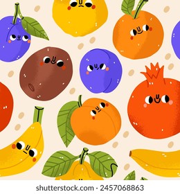 Seamless pattern with hand drawn fruits. Vegetarian healthy food vector texture. Vegan, farm, organic, detox. Colorful design for kids or kitchen textile, fabric, paper. Cute doodle style emoticon