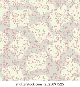 Seamless pattern with hand drawn fruits and abstract shapes onyellow background