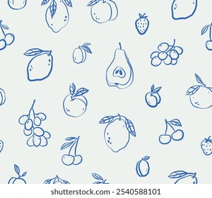 Seamless pattern of hand drawn fruits. Line art. Vector illustration. Ink.