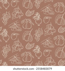 Seamless pattern of hand drawn fruits including pomegranates, pears, grapes, figs, and cherries on trendy mocha mousse background, showcasing elegant line art. Vector outline doodle illustration