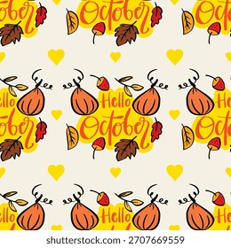 Padrão perfeito com frutas desenhadas à mão e letras Hello October.