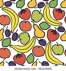 Seamless pattern with hand drawn fruits: banana, plum, orange, pear, lime, persimmon on white background. Cartoon fruit. Vector illustration. 