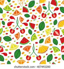 Seamless pattern with hand drawn fruits like cherry, pineapple,watermelon, citrus and ice cubes
