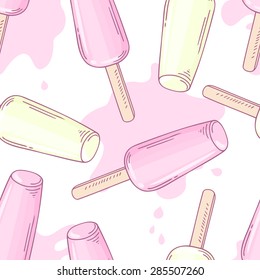Seamless pattern with hand drawn fruity ice cream and drops. Vector illustration. Background with sweet frozen popsicle