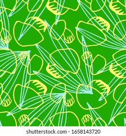 Seamless pattern of hand drawn funguses and plants  on green background. Vector stock illustration of boletus and porcini mushrooms.