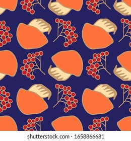 Seamless pattern of hand drawn funguses and rowens isolated on dark blue background. Vector stock illustration of boletus and  branches of rowen.