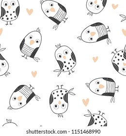 Seamless pattern with hand drawn funny birds and hearts on a white background. Vector background for kids in Doodle style.