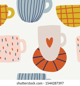 Seamless pattern with hand drawn funny 
 cups. Vector illustration for card, print on clothes. Holiday greeting card design.