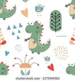 Seamless pattern with hand drawn funny dinosaurs, birds, flowers and trees in scandinavian style. Vector kids illustration for nursery design. Dino style trendy for baby clothes, wrapping paper.