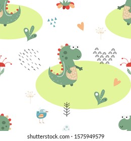 Seamless pattern with hand drawn funny dinosaurs, birds and  plants in scandi style. Vector Illustration. Kids illustration for nursery design. Dino style trendy for baby clothes, wrapping paper.