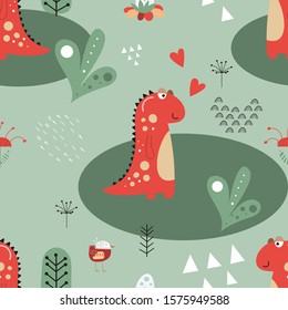 Seamless pattern with hand drawn funny dinosaurs, bird and plants in cartoon style. Vector Illustration. Kids illustration for nursery design. Dino style trendy for baby clothes, wrapping paper.