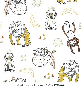 Seamless pattern with hand drawn funny monkey, bananas and hand drawn textures. Childish texture for fabric, textile,apparel. Vector background
