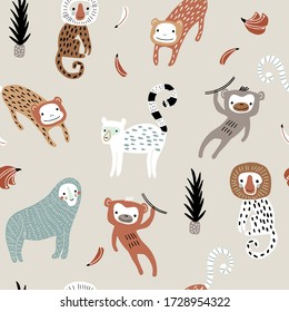 Seamless pattern with hand drawn funny monkey. Childish jungle texture for fabric, textile,apparel. Vector background