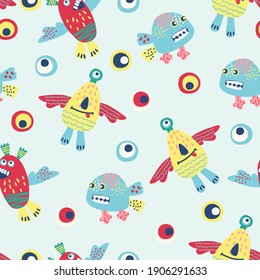 Seamless pattern with hand drawn funny monsters. Cheerful wallpaper for children, background for kids stationery
