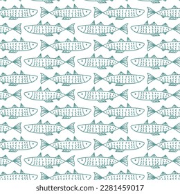 Seamless pattern with hand drawn funny fishes in sketch style. Vector decorative endless marine background. Fabric design.