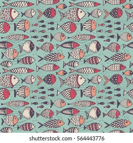 Seamless pattern with hand drawn funny fishes in sketch style. Vector decorative endless marine background. Fabric design