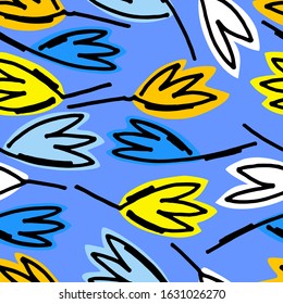 Seamless pattern with hand drawn Galanthus flowers on sky blue background for surface design and other design projects