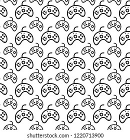 Seamless pattern hand drawn gamepad. Doodle black sketch. Sign symbol. Decoration element. Isolated on white background. Flat design. Vector illustration.