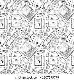 Seamless pattern with hand drawn garbage. Plastic pollution collection. Vector
