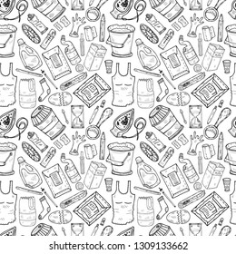 Seamless pattern with hand drawn garbage. Plastic pollution collection. Vector