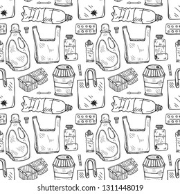 Seamless pattern with hand drawn garbage. Plastic pollution collection. Vector