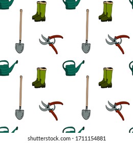 Nahtloses Muster mit handgezeichneten Gartenwerkzeugen. Vektorillustration-Skizze