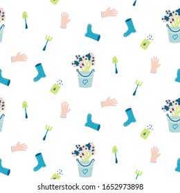 Seamless pattern with hand drawn gardening tools - flowers in a bucket, gloves, rubber boots and seeds. Vector illustration.