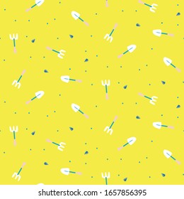 Seamless pattern with hand drawn gardening tools vector yellow background.