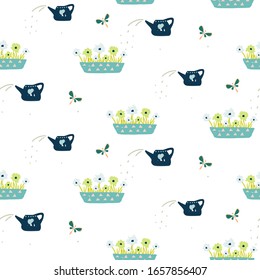 Seamless pattern with hand drawn gardening tools - flowers in a pot and watering can. Vector illustration.