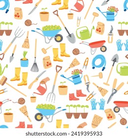 Seamless pattern with hand drawn gardening tools, agriculture equipment. Springtime wallpaper, horticulture concept