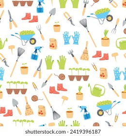 Patrón inquebrantable con herramientas de jardinería a mano, equipo de agricultura. Papel mural de primavera, concepto de horticultura