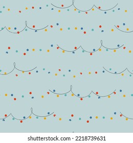 Seamless pattern. Hand drawn garland decorated with patterns in Scandinavian style on red background. Christmas, New Year, winter holidays concept. For wrapping paper, other design projects