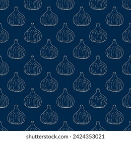 Seamless pattern with hand drawn garlic, medicinal and edible plant. Vector illustration