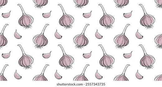 Seamless pattern with hand drawn garlic bulb and clove on white background. Vegetable background.