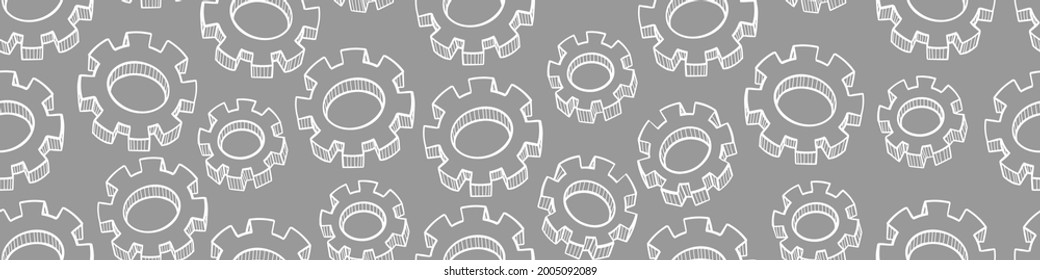 Seamless pattern with hand drawn gear on gray background. Mechanical details in sketchy style. Vector illustration.