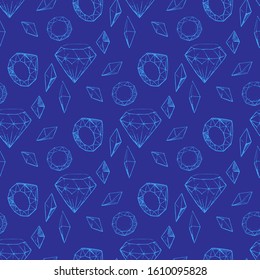 Seamless pattern of hand drawn gems isolated on blue background. Vector stock illustration for print or web design