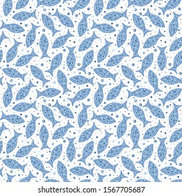 Seamless pattern with hand drawn geometric fishes. Blue fishes upon white background. Creative ornament for covers, backgrounds, textile and interior decoration