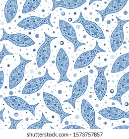 Seamless pattern with hand drawn geometric fishes. Blue fishes upon white background. Creative ornament for covers, backgrounds, textile and interior decoration